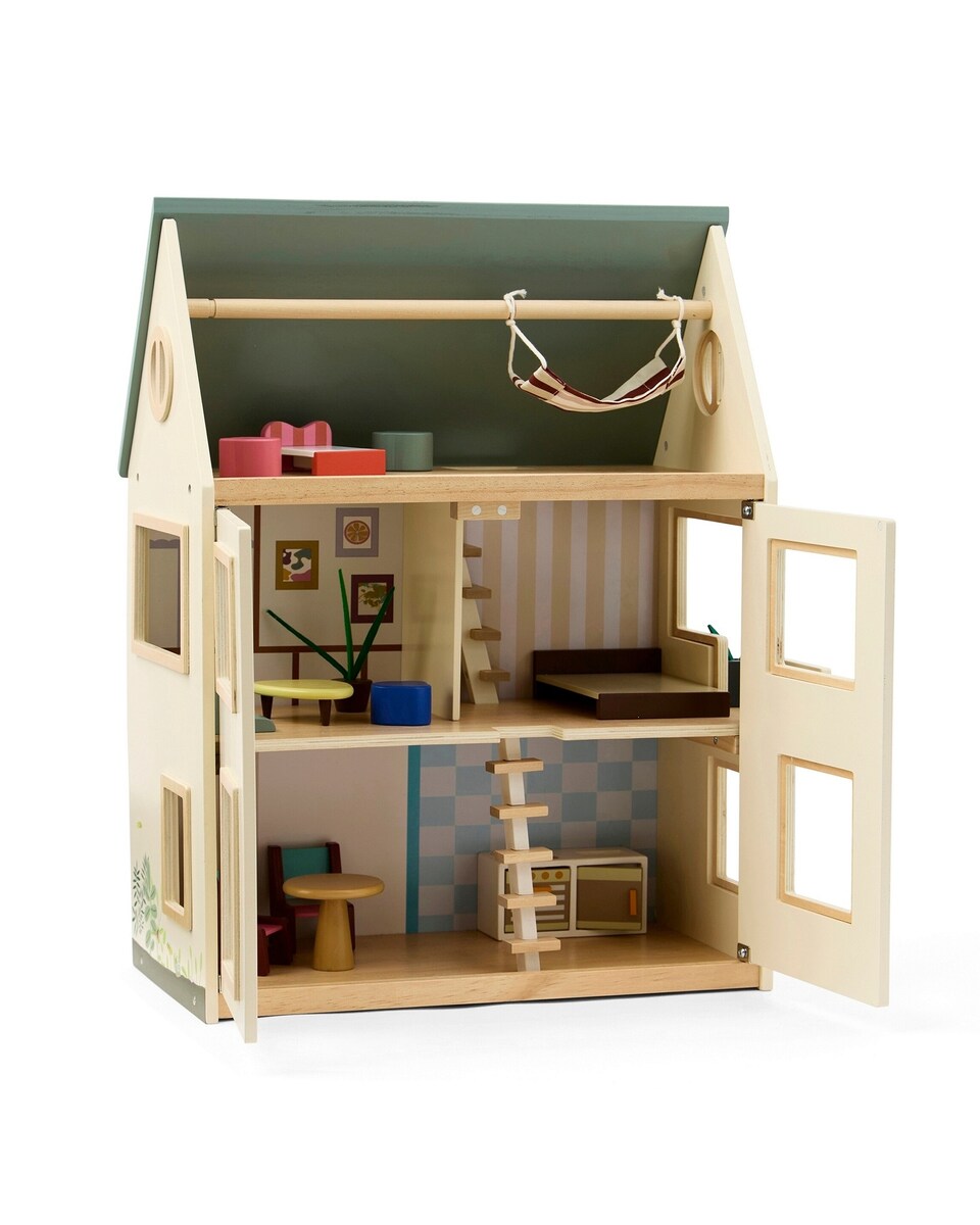 Dukkehus Aiden tre etasjer 46x26x61 cm i tre forfra