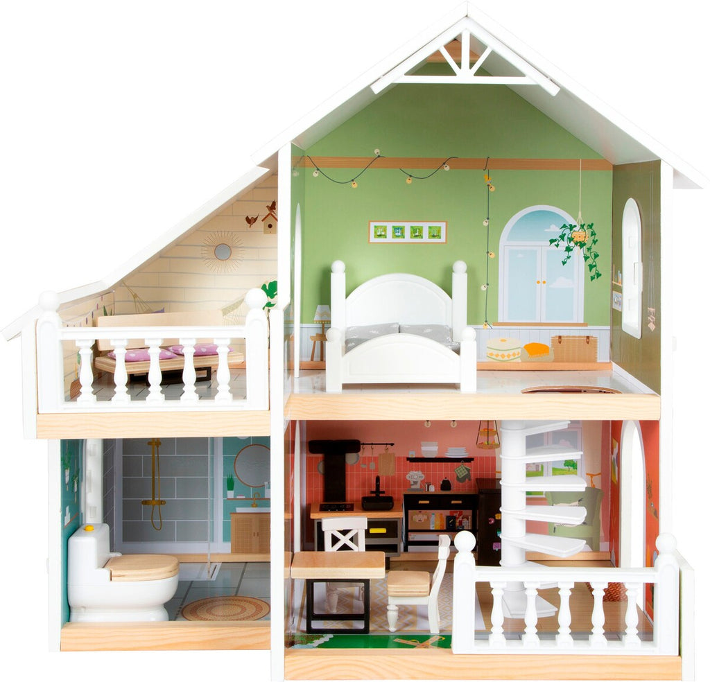 Dukkehus i tre med takterrasse og moderne design bakside