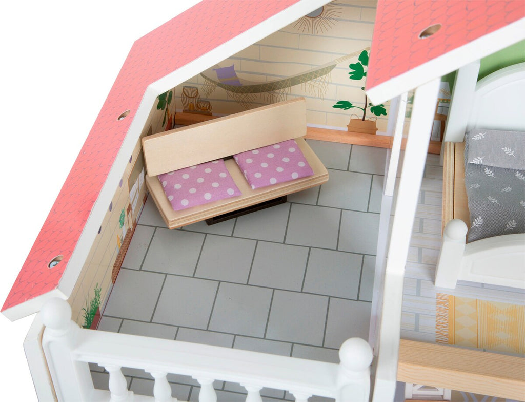 Dukkehus i tre med takterrasse og moderne design med svingtrapp