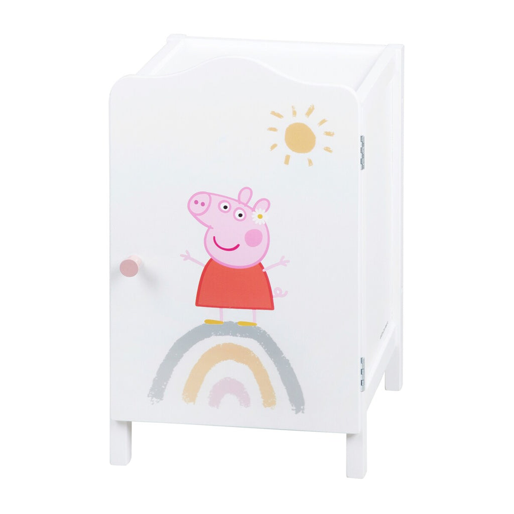 Nærbilde av klesstang i dukkeklesskap Peppa Pig