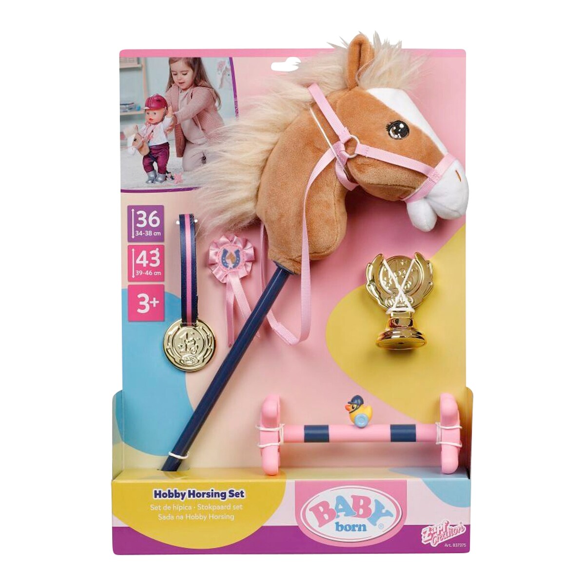 Dukkenes hobby horsing-sett 43 cm forfra med steckenpferd og hinder