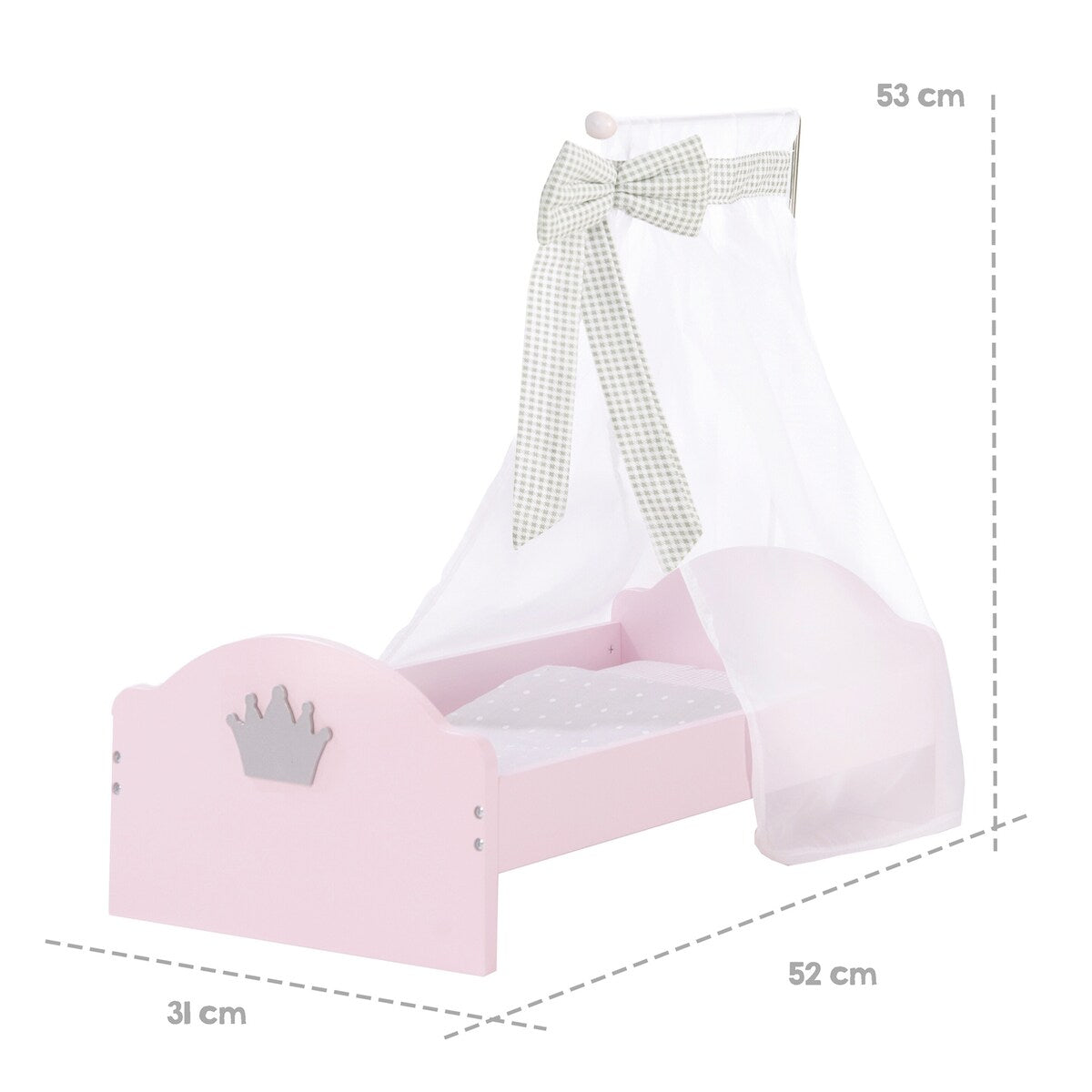 Bakside av Dukkeseng Prinzessin Sophie med himmel og sengetøy rosa
