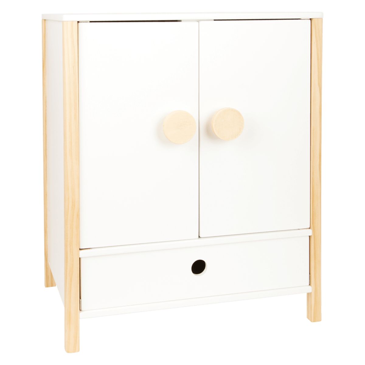 Dukkeskap Little Button med klesstang og 3 kleshengere i hvitt, front