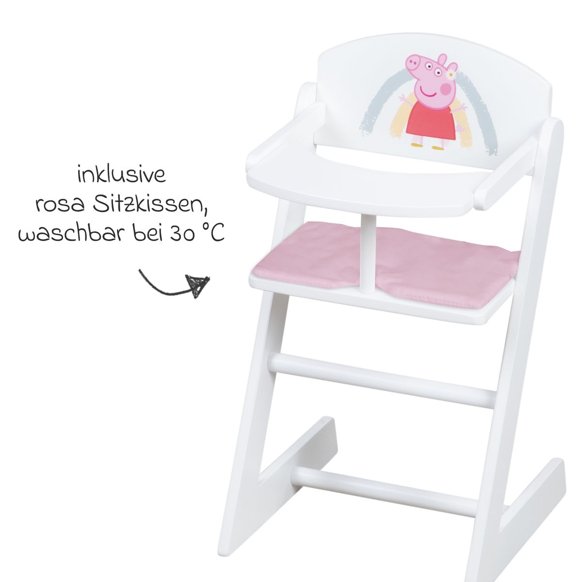 Detalj av spisebrett på Dukkestol med spisebrett og setepute, EN 71 - Roba