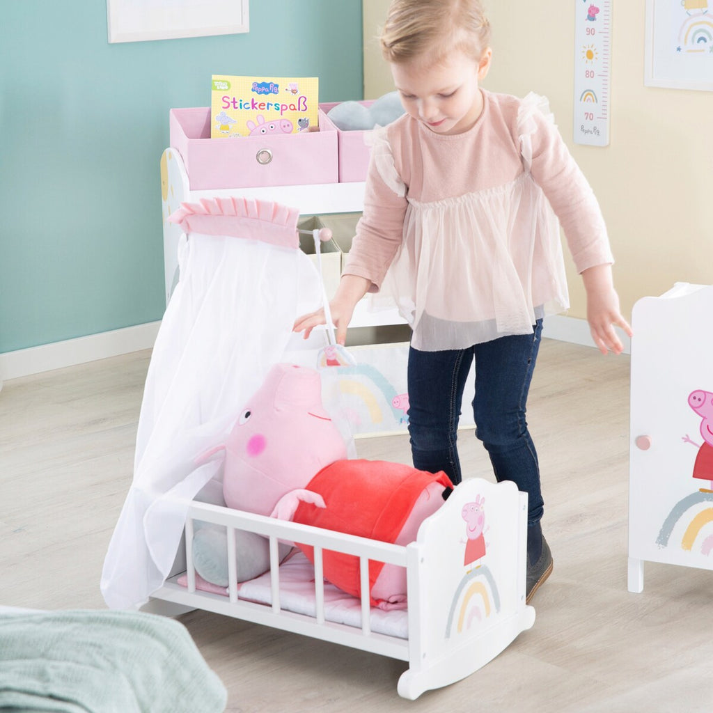 Bakside av Dukkesvøpe Peppa Pig med sengetøy og himmel