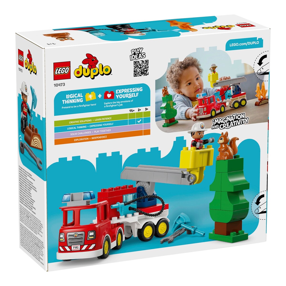 Nærbilde av DUPLO® brannbil med slange og brannmann 10473