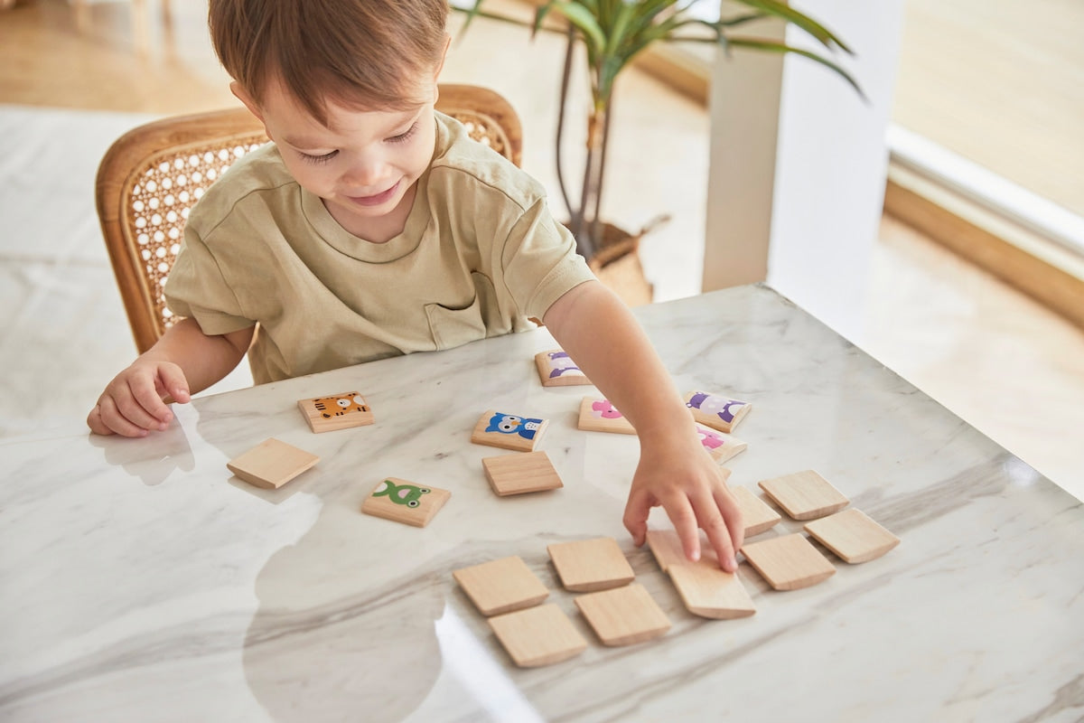 Dyrememo i gummitre 9 x 22,5 cm - PlanToys nærbilde av dyremotiv