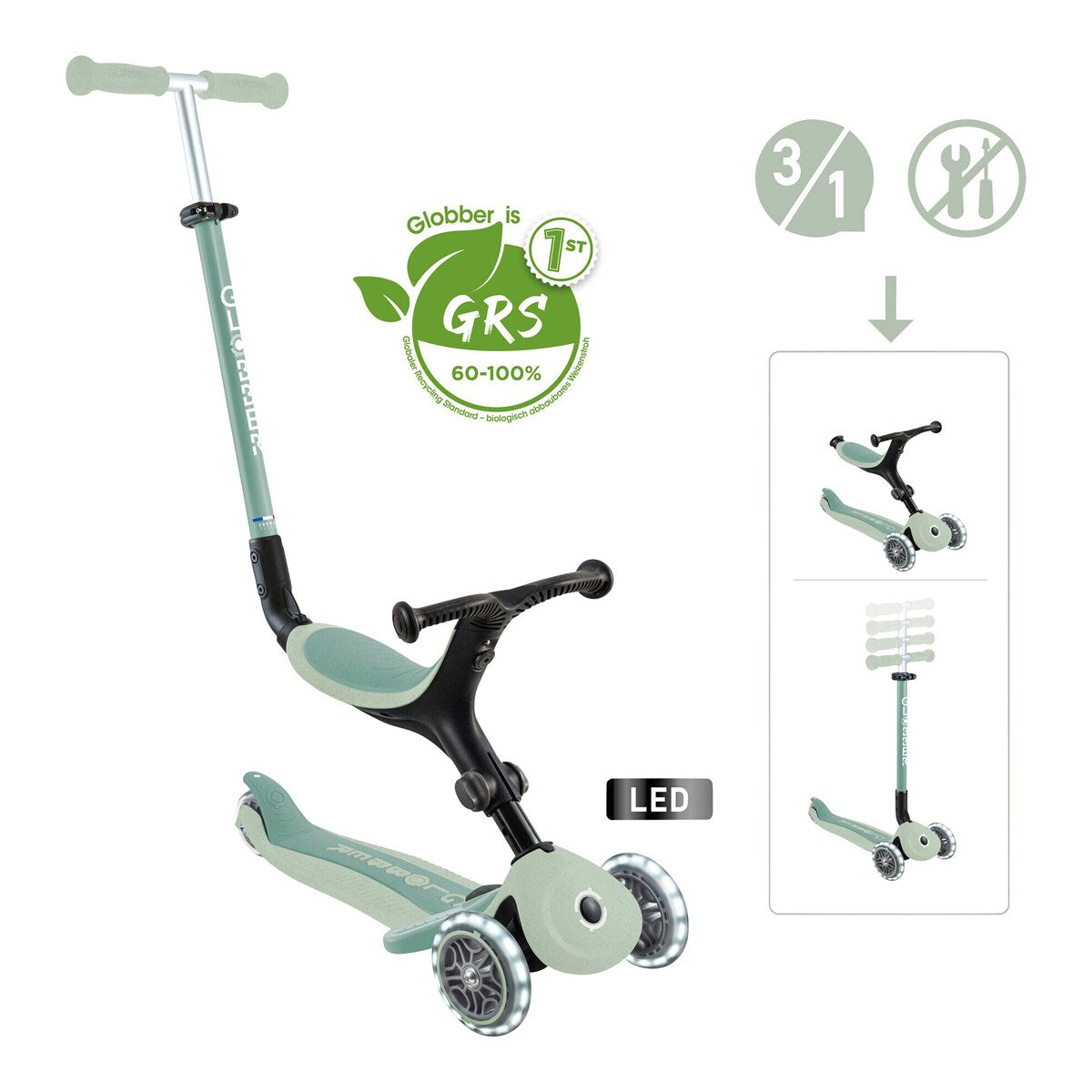 Sparkesykkel 3-i-1 Go-Up Active ECO med lyshjul fra 15 mnd - Globber