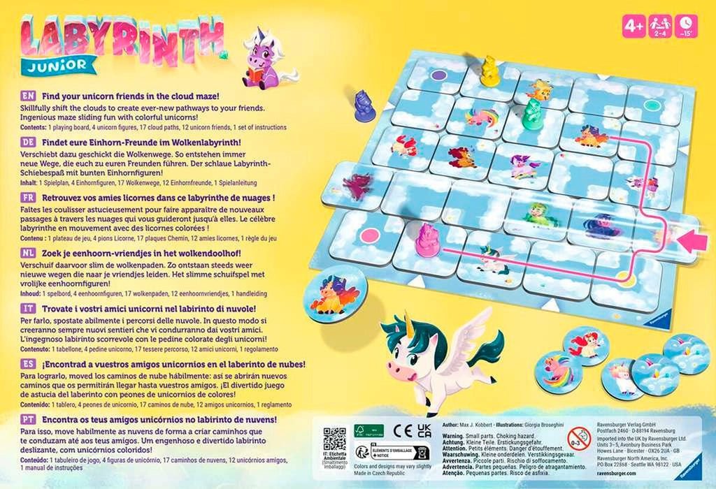 Bakside av Einhorn Junior Labyrinth brettspill med regler