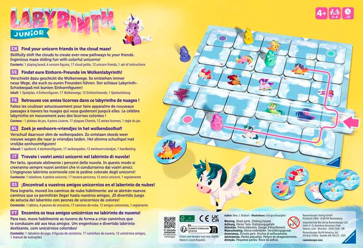 Bakside av Einhorn Junior Labyrinth brettspill med regler