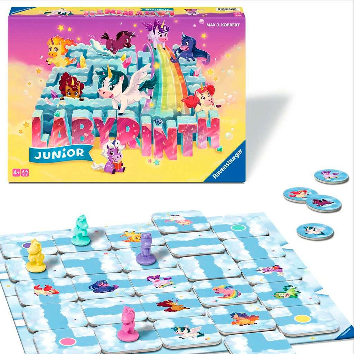 Nærbilde av spillbrikker i Einhorn Junior Labyrinth brettspill