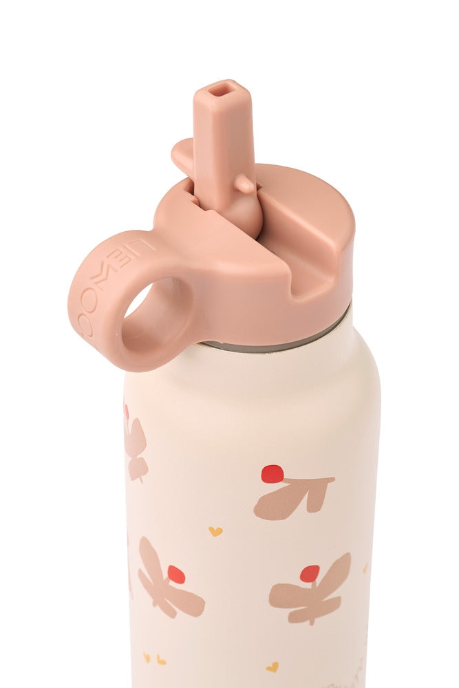 Falk drikkeflaske 350 ml rustfritt stål butterfly/apple blossom med pop-up-strohalslokk