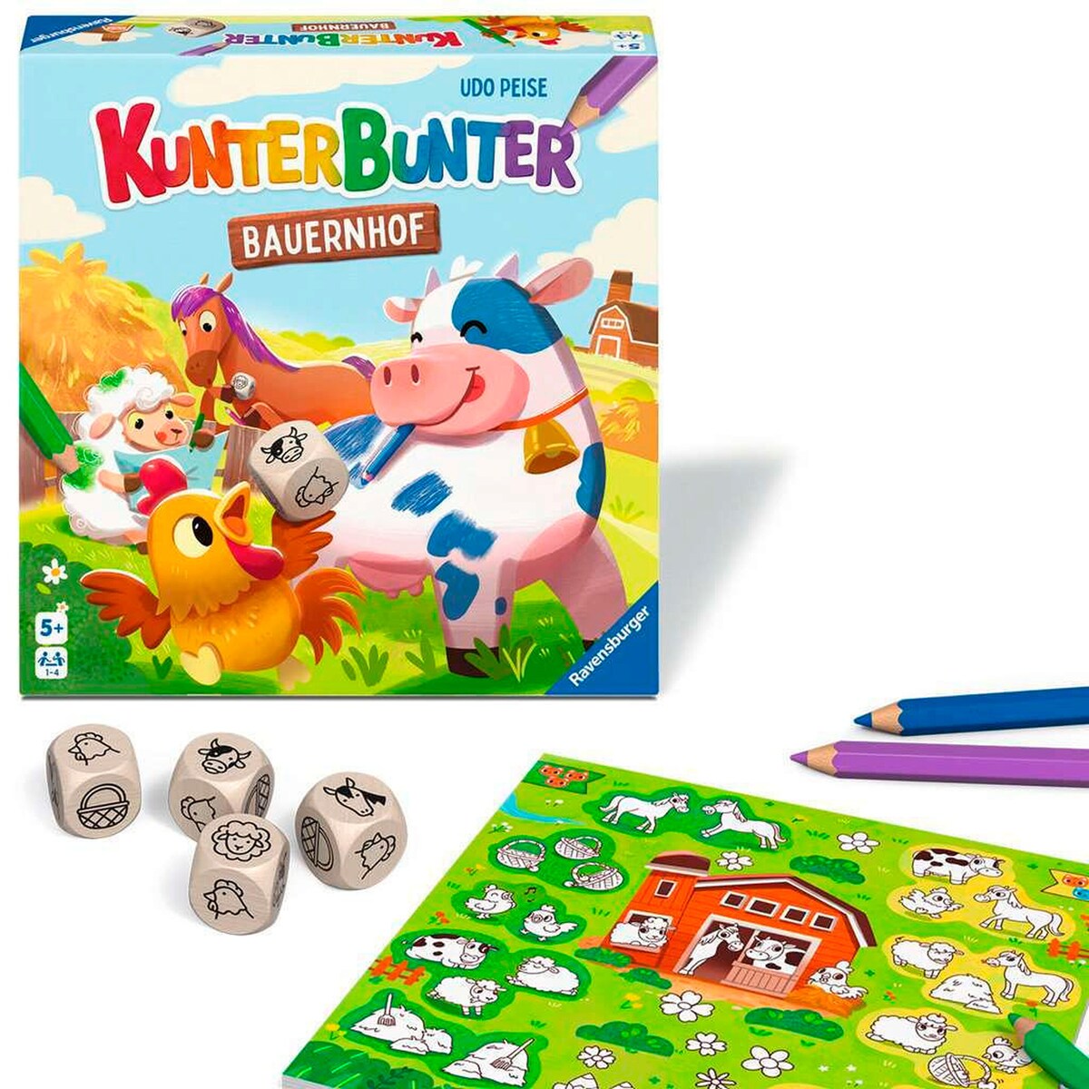 Montert spillbrett med fargelagte bondegårdsdyr i Fargerik bondegård terningspill fra 5 år, 1-4 spillere