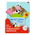 Fingerdukke-hanske med dyr og bok fra 6 mnd forfra
