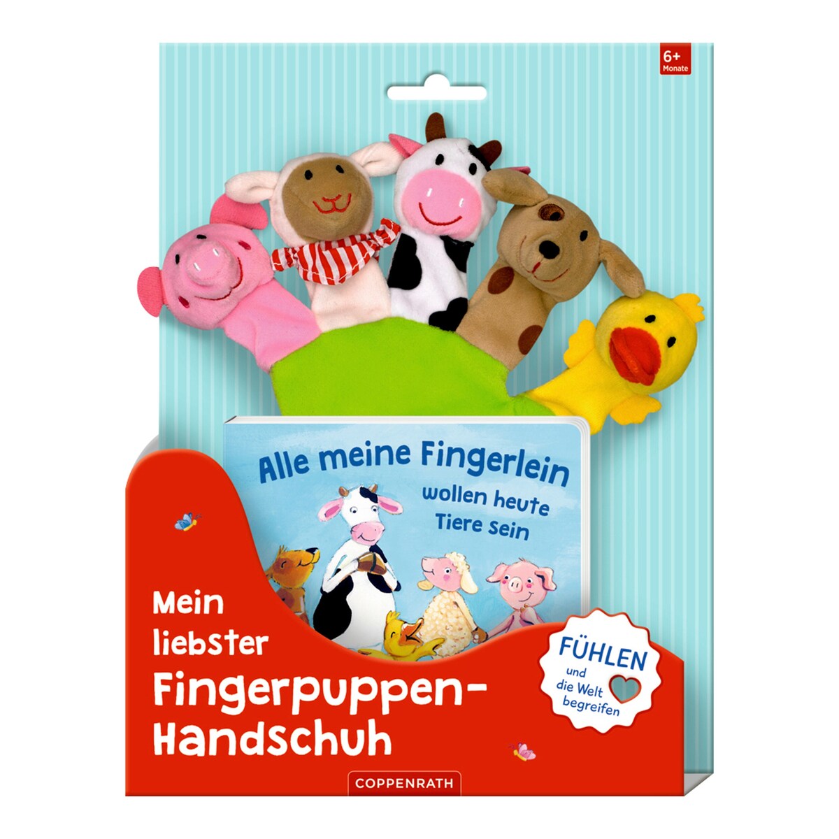 Fingerdukke-hanske med dyr og bok fra 6 mnd forfra