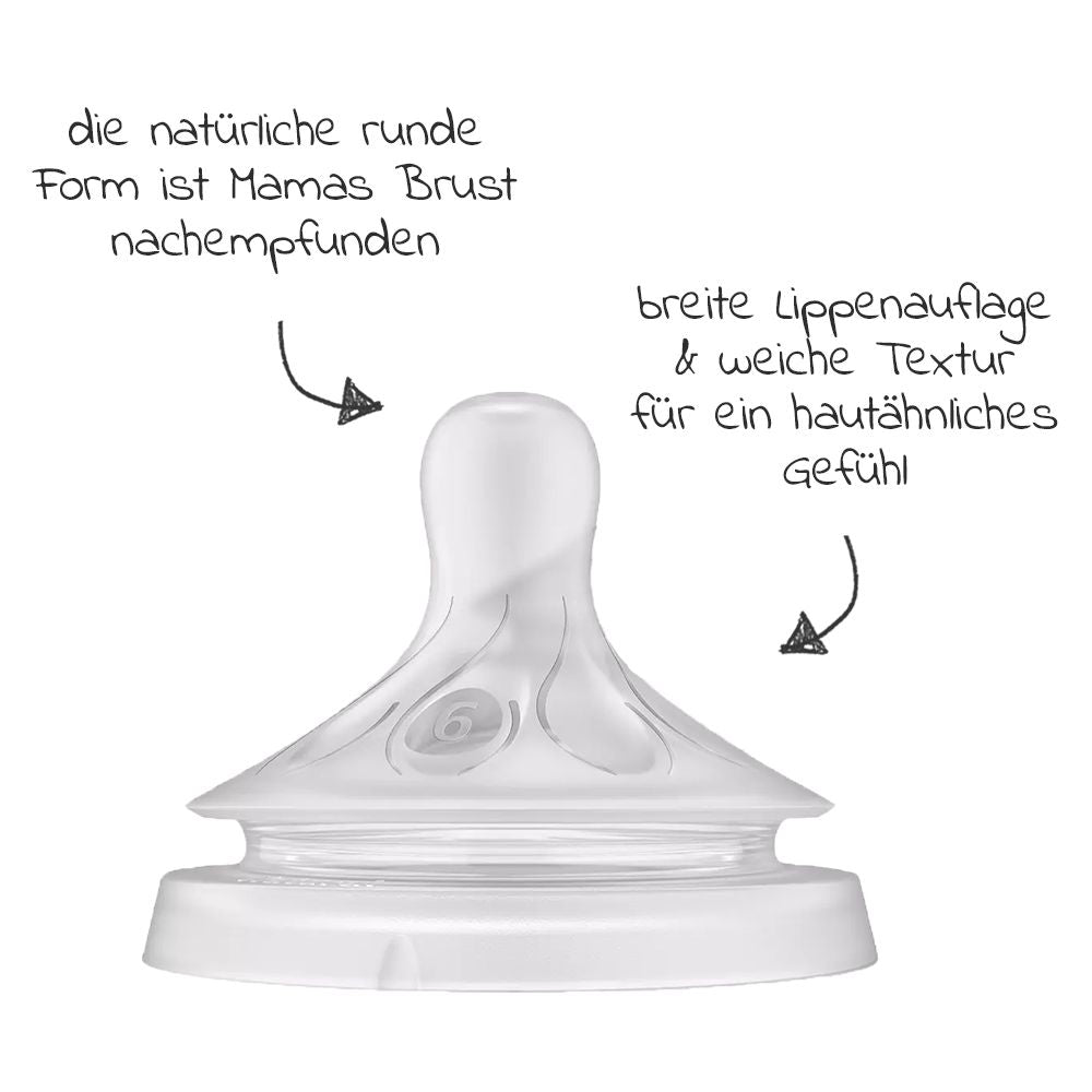 Flaskesmokk 4-pakning Natural Response silikon 6 mnd+ Philips Avent bakside