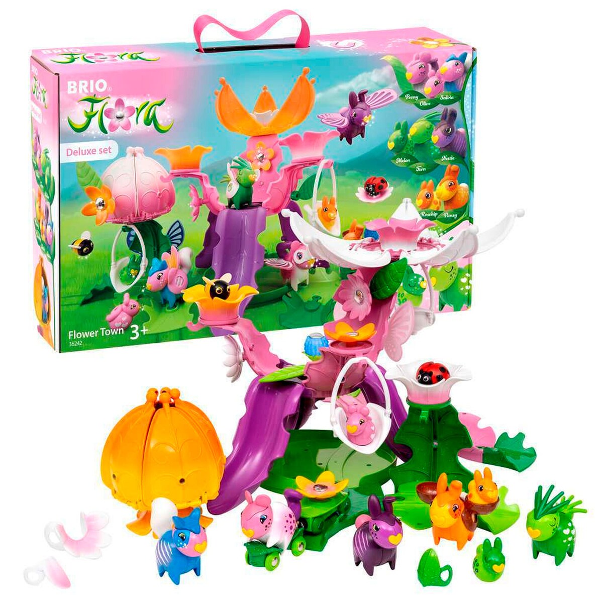 Flora blomsterby deluxe lekesett med 8 figurer forfra