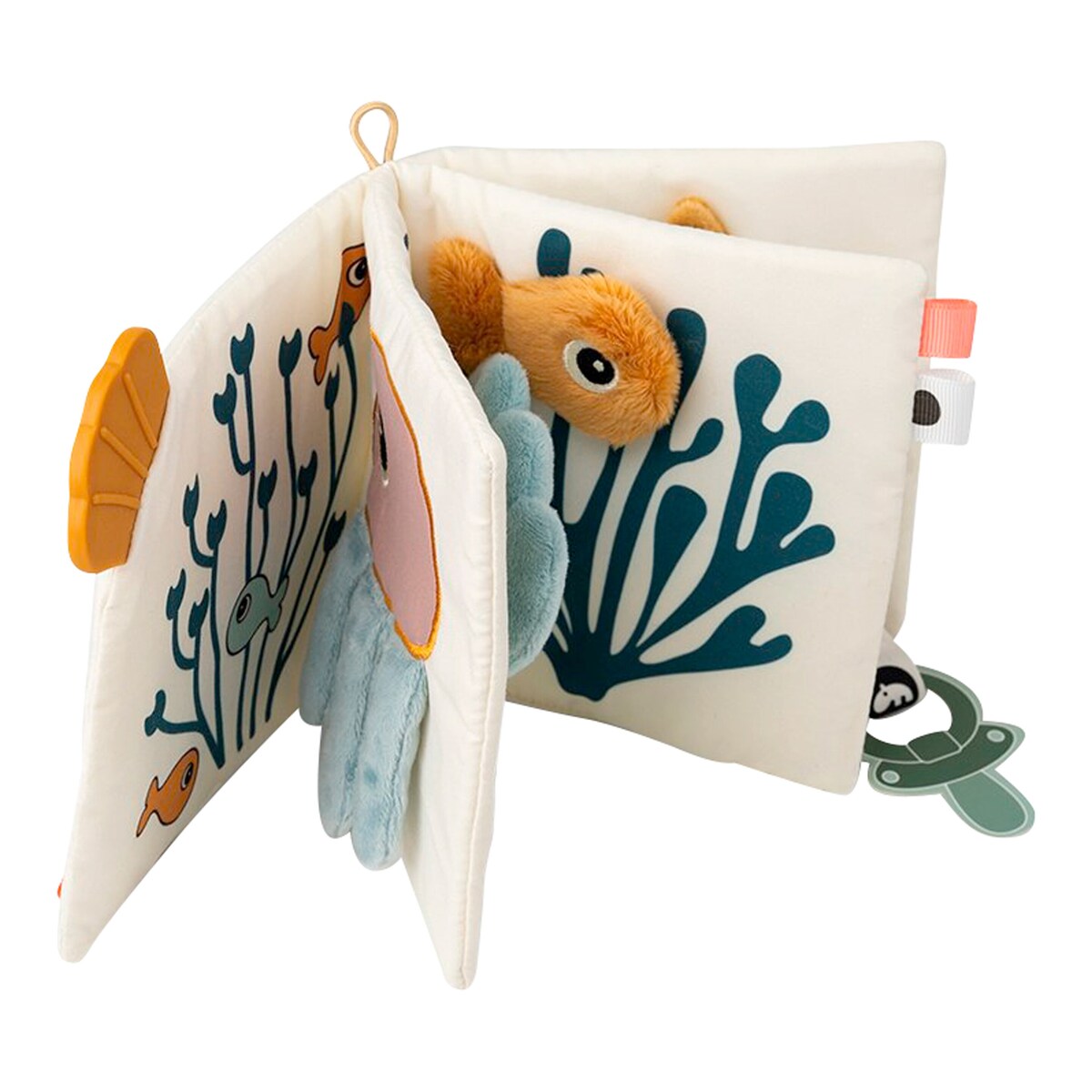 Følebok i stoff Activity Sea Friends 18x16 cm montert på barnevogn