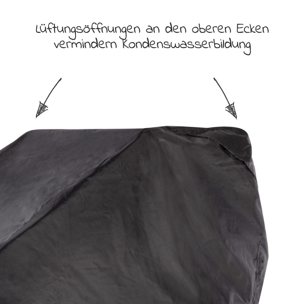 Foldbart beskyttelsestrekk for sykkelvogn svart Qeridoo ventilasjonsdetalj