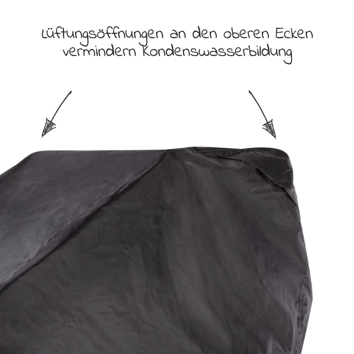 Foldbart beskyttelsestrekk for sykkelvogn svart Qeridoo ventilasjonsdetalj