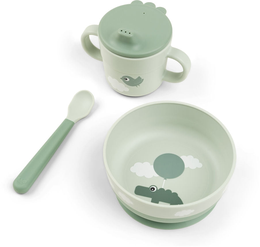 Første måltid-sett Foodie Happy Clouds grønn silikon forfra