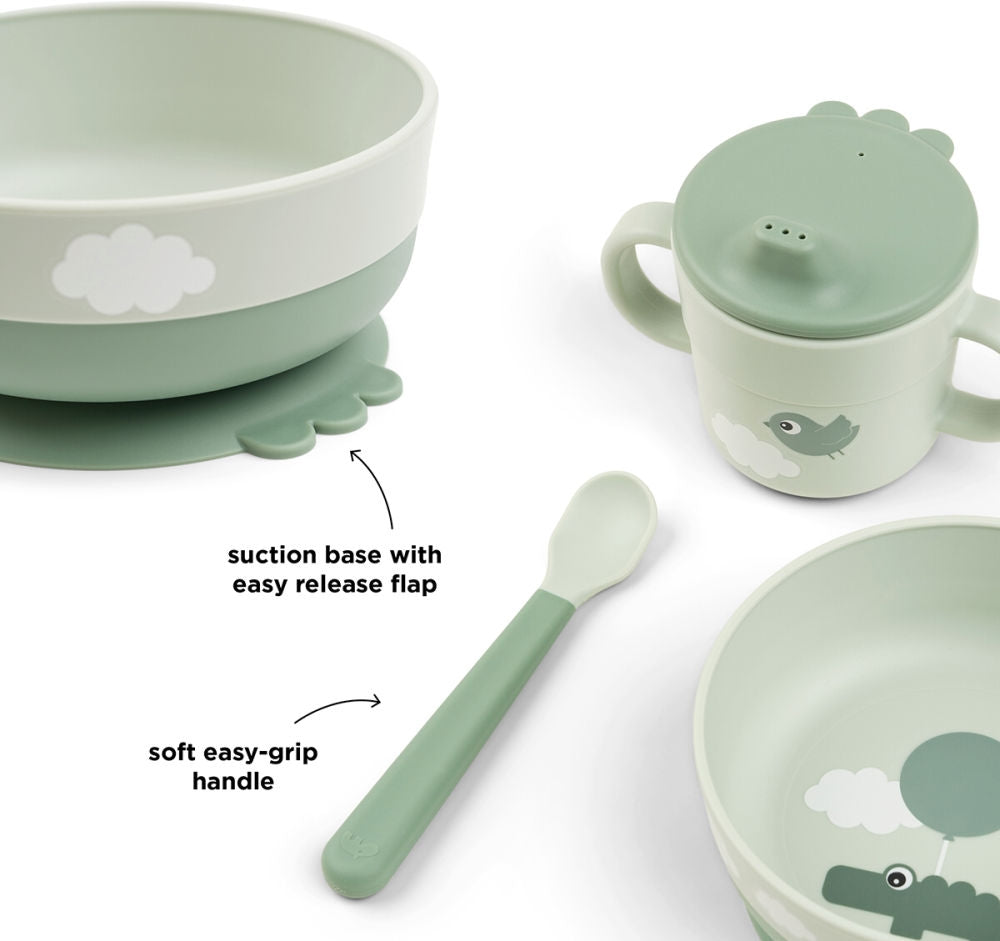 Første måltid-sett Foodie Happy Clouds grønn silikon komplett sett