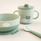 Første måltid-sett Foodie Happy Clouds grønn silikon montert sett