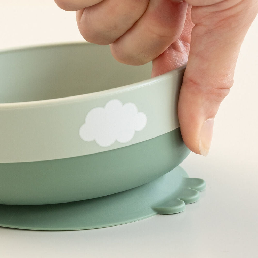 Første måltid-sett Foodie Happy Clouds grønn silikon nærbilde silikonmateriale