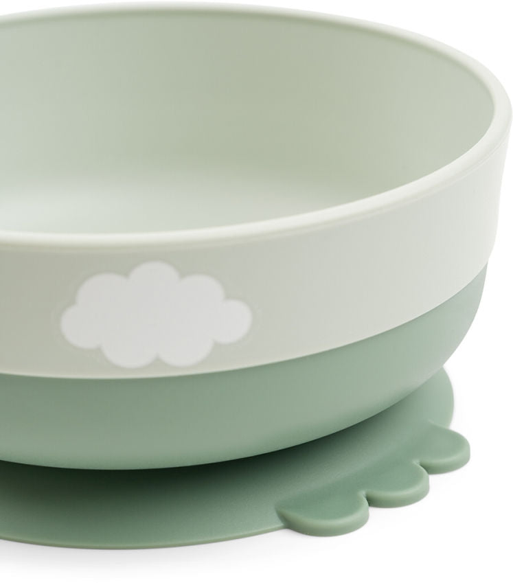 Første måltid-sett Foodie Happy Clouds grønn silikon skje i bruk