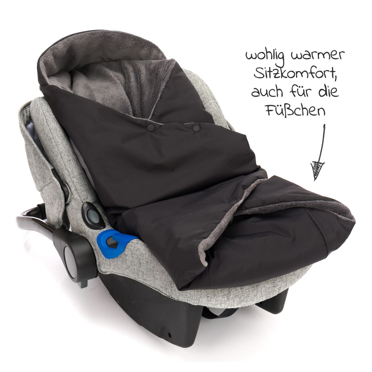 Oversikt over Fotpose i fleece Tanaga til babystol og bærebag i bruk