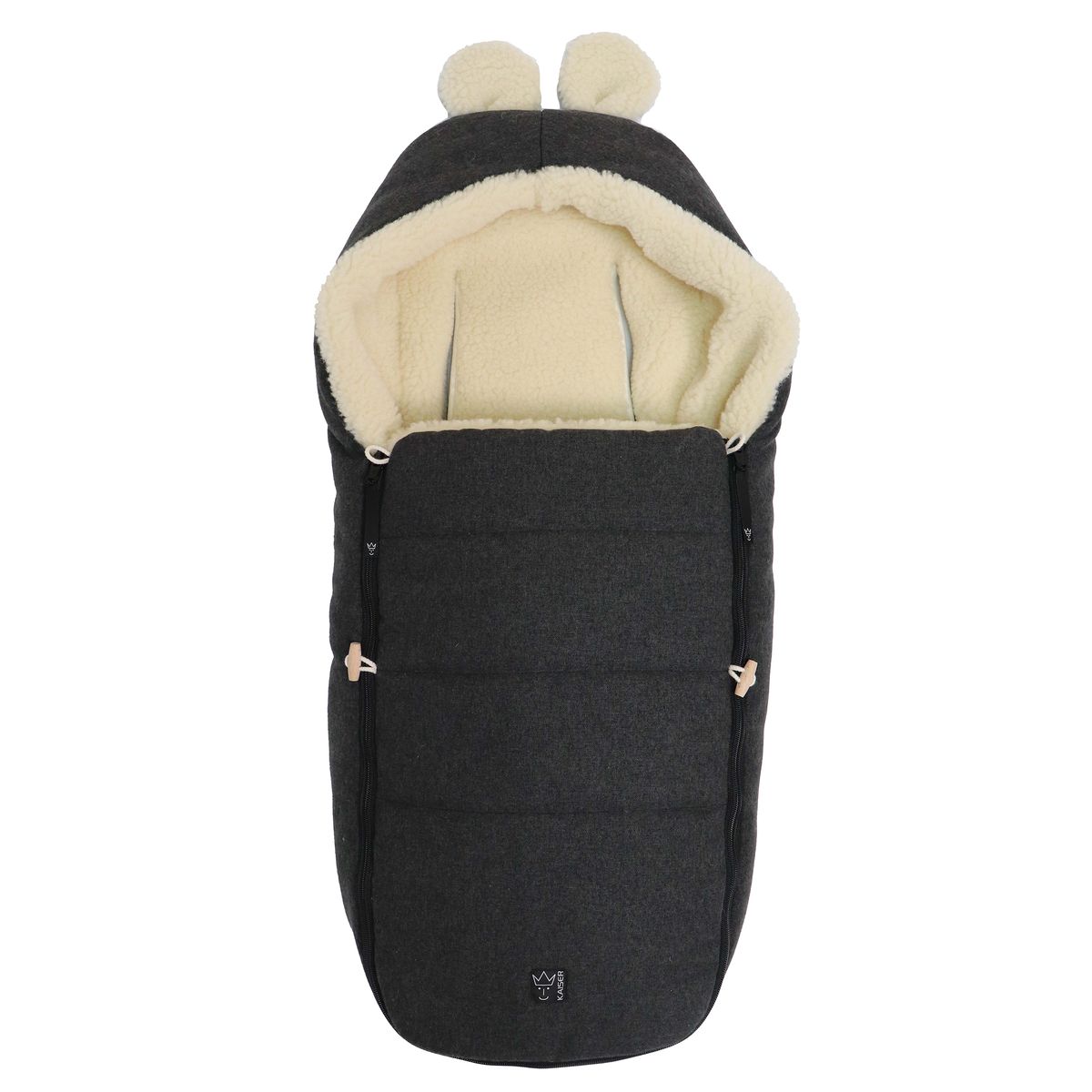 Fotpose Hoody Maus med fôr i 100 % ren ull til babystol sett forfra