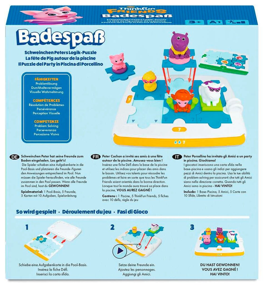 Bakside av Friends: Badespaß logikkspill med oppgavekort