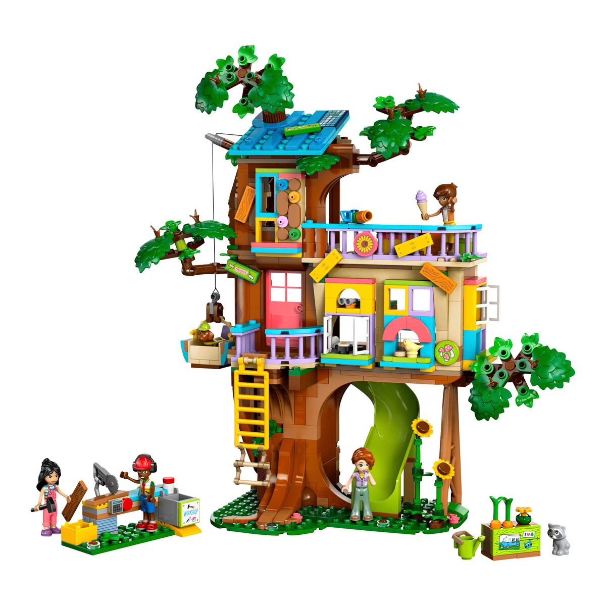 Baksiden av Friends trehytte 42652 med figurer og dyr