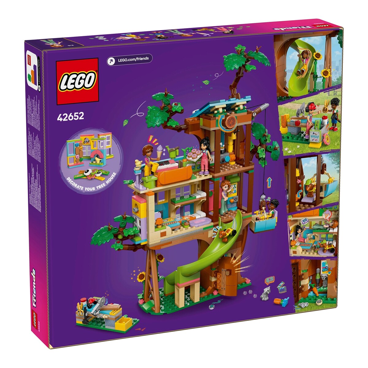 Nærbilde av LEGO Friends-figurer og dyr i Friends trehytte 42652