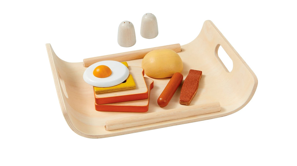 Baksiden av frokostsett i gummibaumtre 18 x 25,5 cm fra 2 år fra PlanToys