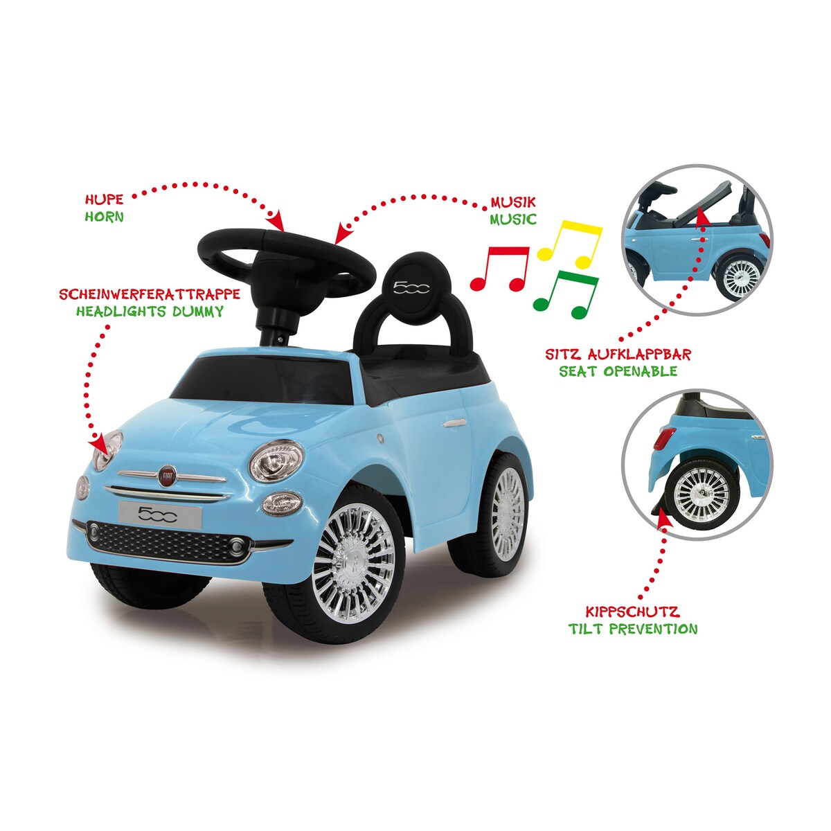 Detalj av ratt med lyd på Gåbil Fiat 500 med lyd og bagasjerom