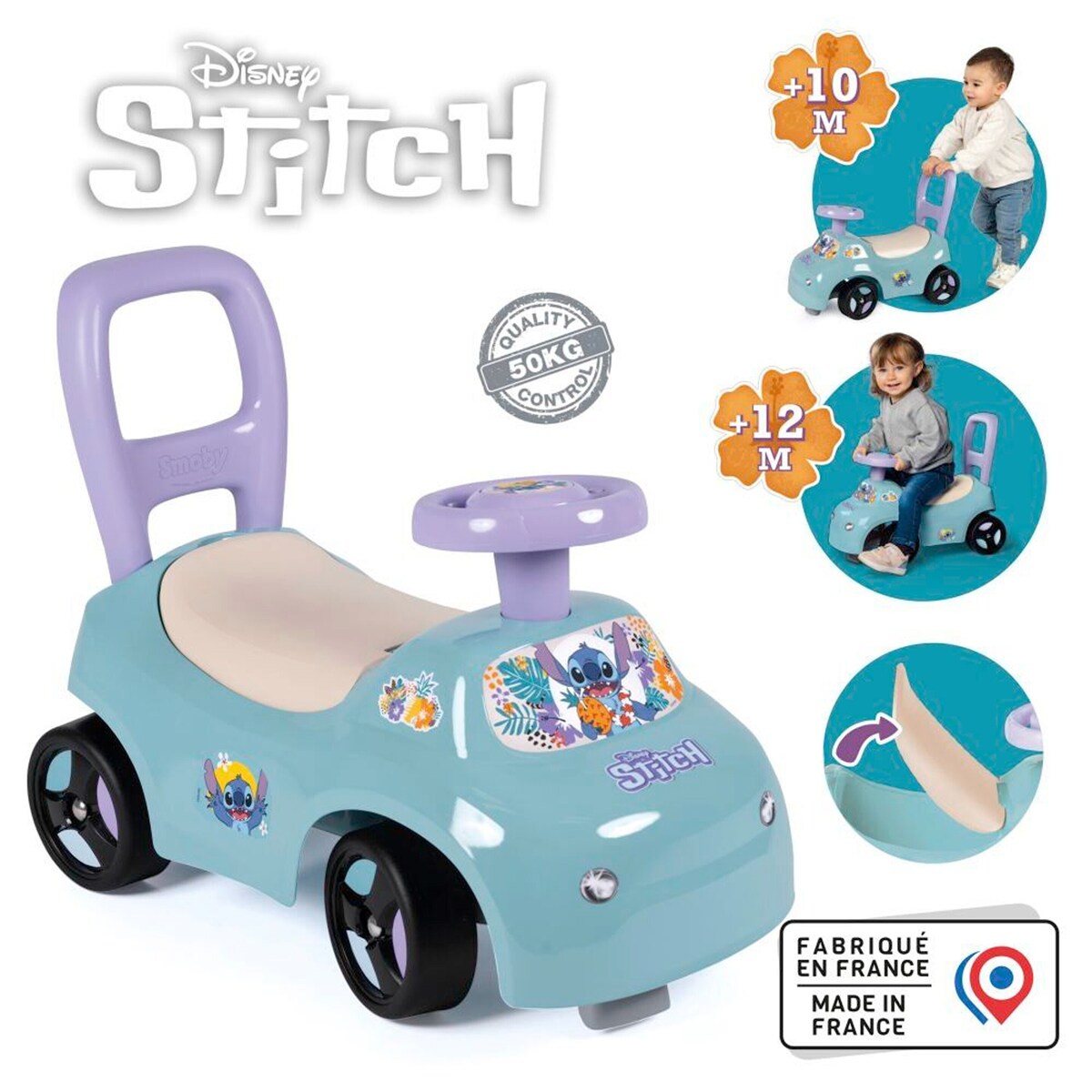 Gåbil Stitch-design 2-i-1 montert klar til bruk