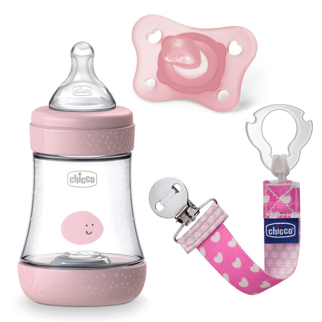 Gavesett 3 deler tåteflaske 150 ml, smokk og smokkebånd - Chicco forfra