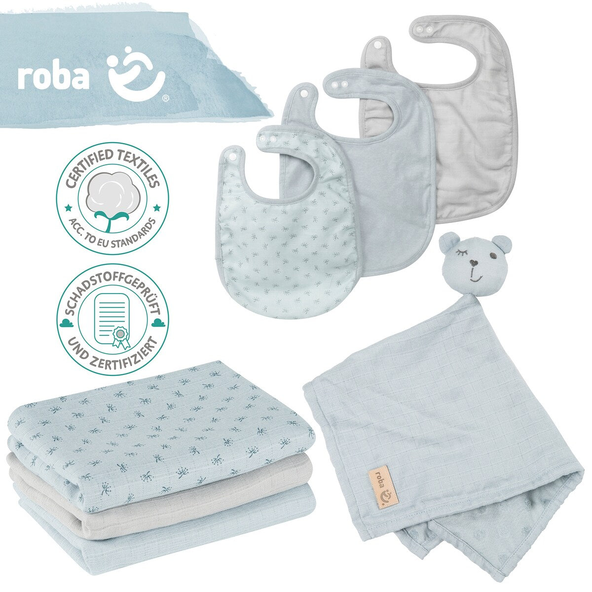 Gavesett baby essentials Lil Planet økologisk bomull turkis bakside