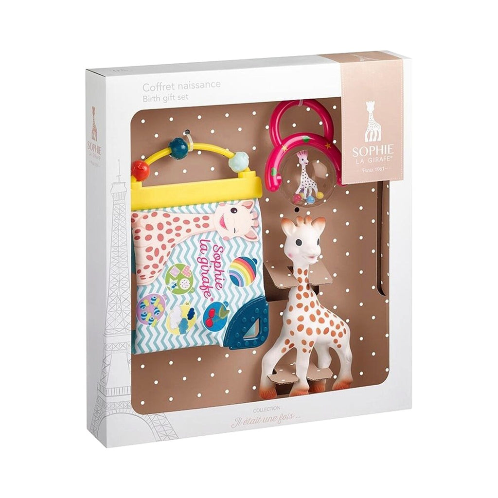 Gavesett med biteleke, rangle og tøybok i naturgummi Sophie la girafe forfra