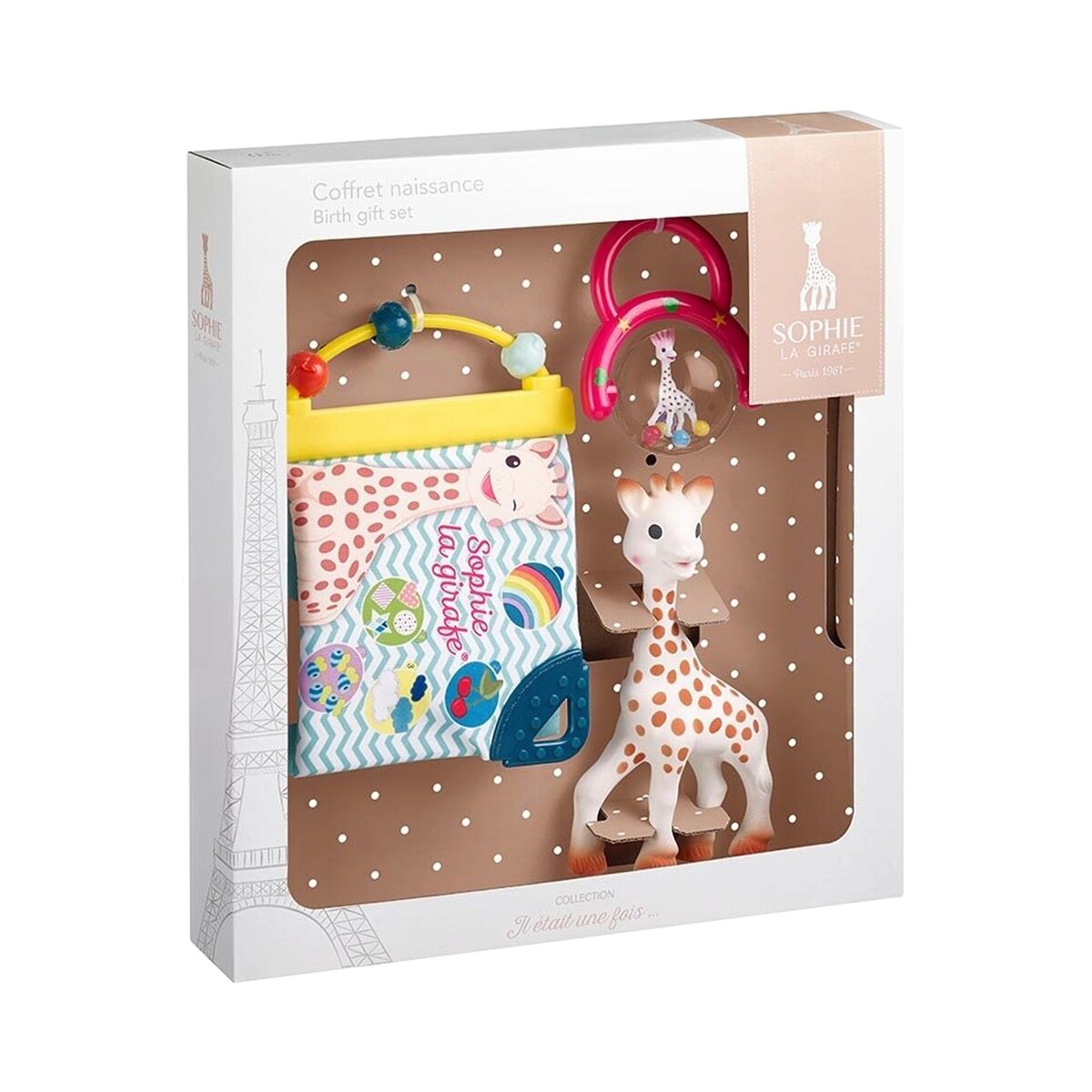 Gavesett med biteleke, rangle og tøybok i naturgummi Sophie la girafe forfra