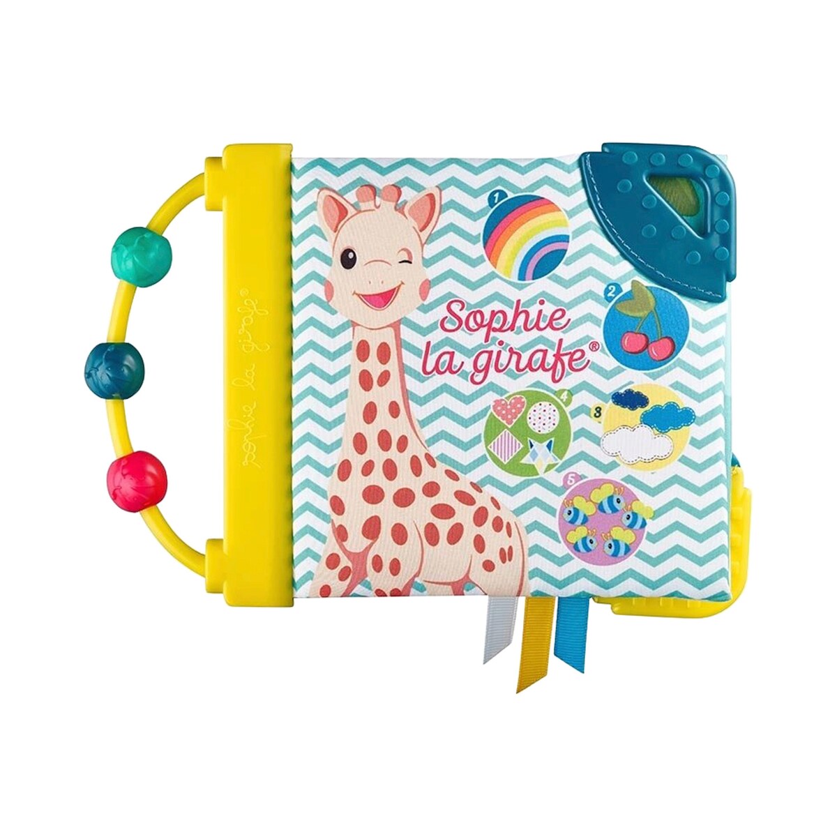 Bakside av Gavesett med biteleke, rangle og tøybok i naturgummi Sophie la girafe