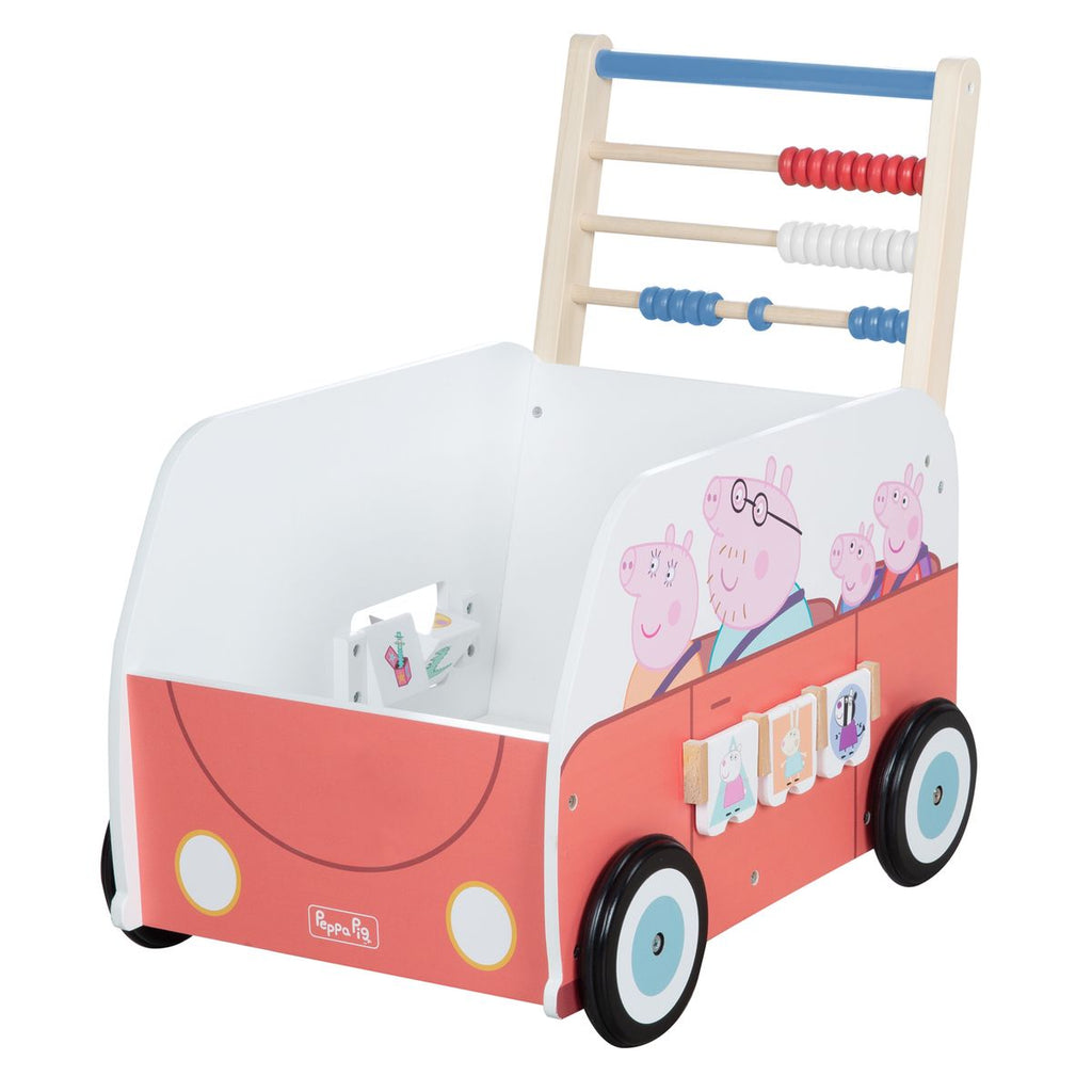 Gåvogn og aktivitetsbuss med klokke og kuleramme Peppa Pig forfra