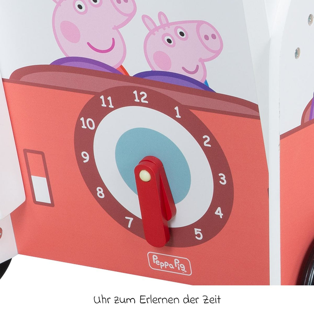 Oppbevaringsflate på Gåvogn og aktivitetsbuss med klokke og kuleramme Peppa Pig