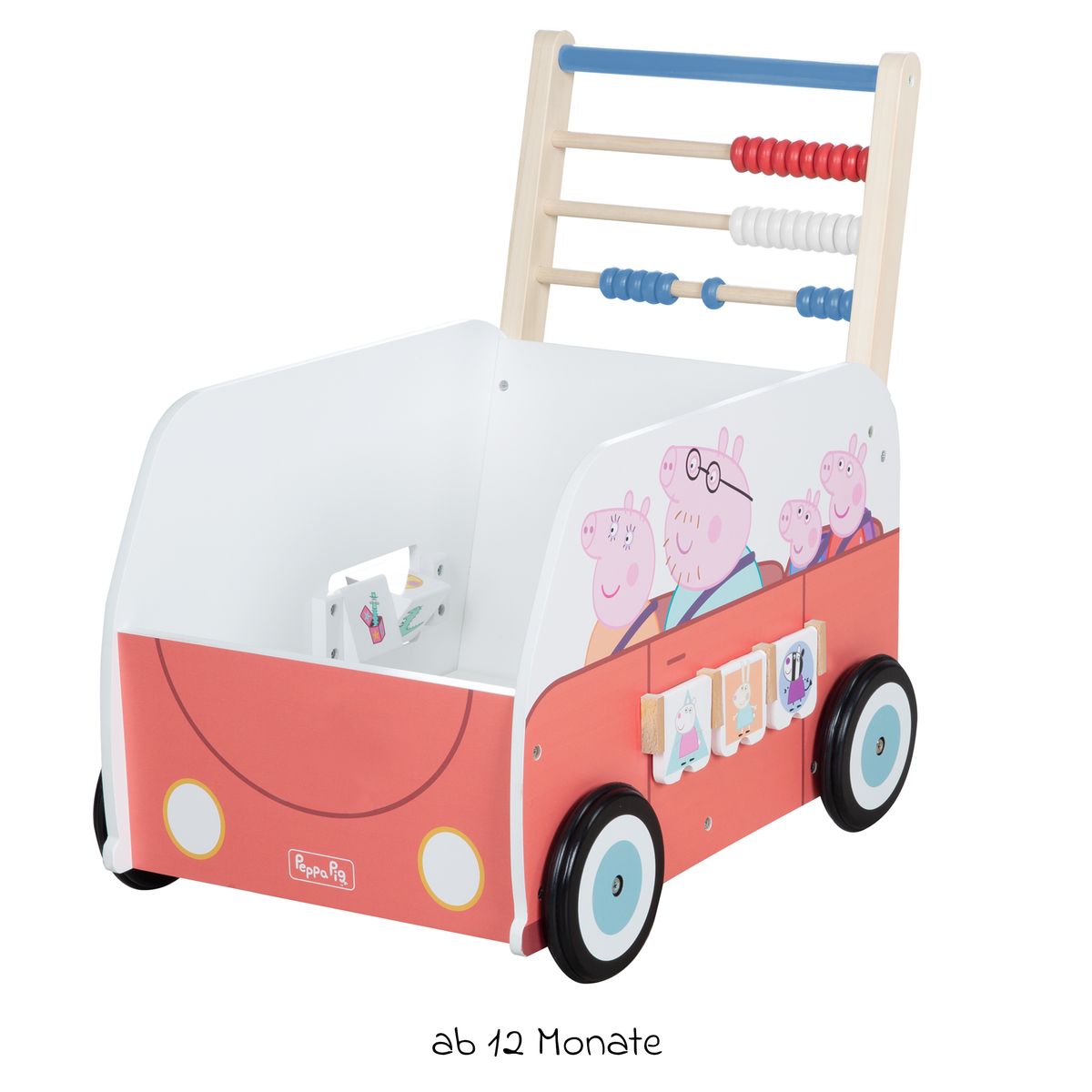 Gåvogn og aktivitetsbuss med klokke og kuleramme Peppa Pig bakside