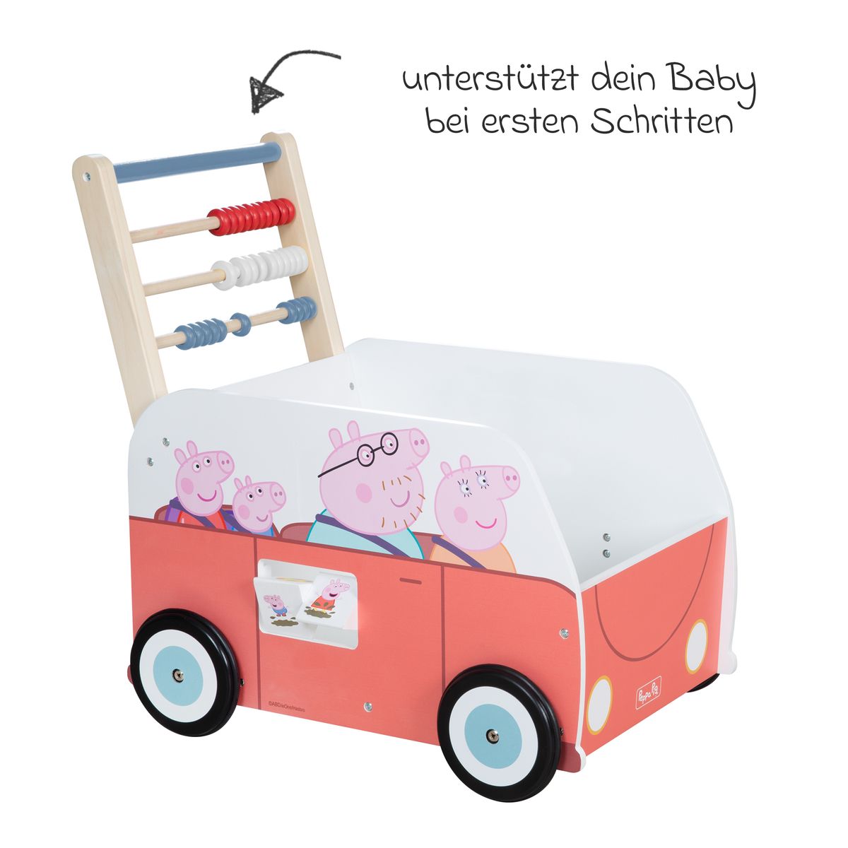 Montert Gåvogn og aktivitetsbuss med klokke og kuleramme Peppa Pig i bruk