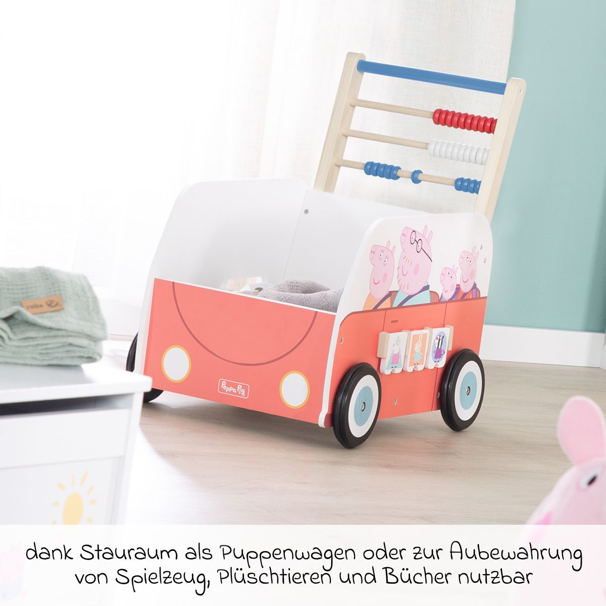 Nærbilde av kuleramme på Gåvogn og aktivitetsbuss med klokke og kuleramme Peppa Pig