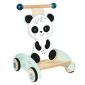 Gåvogn i tre med gummihjul, panda-design forfra