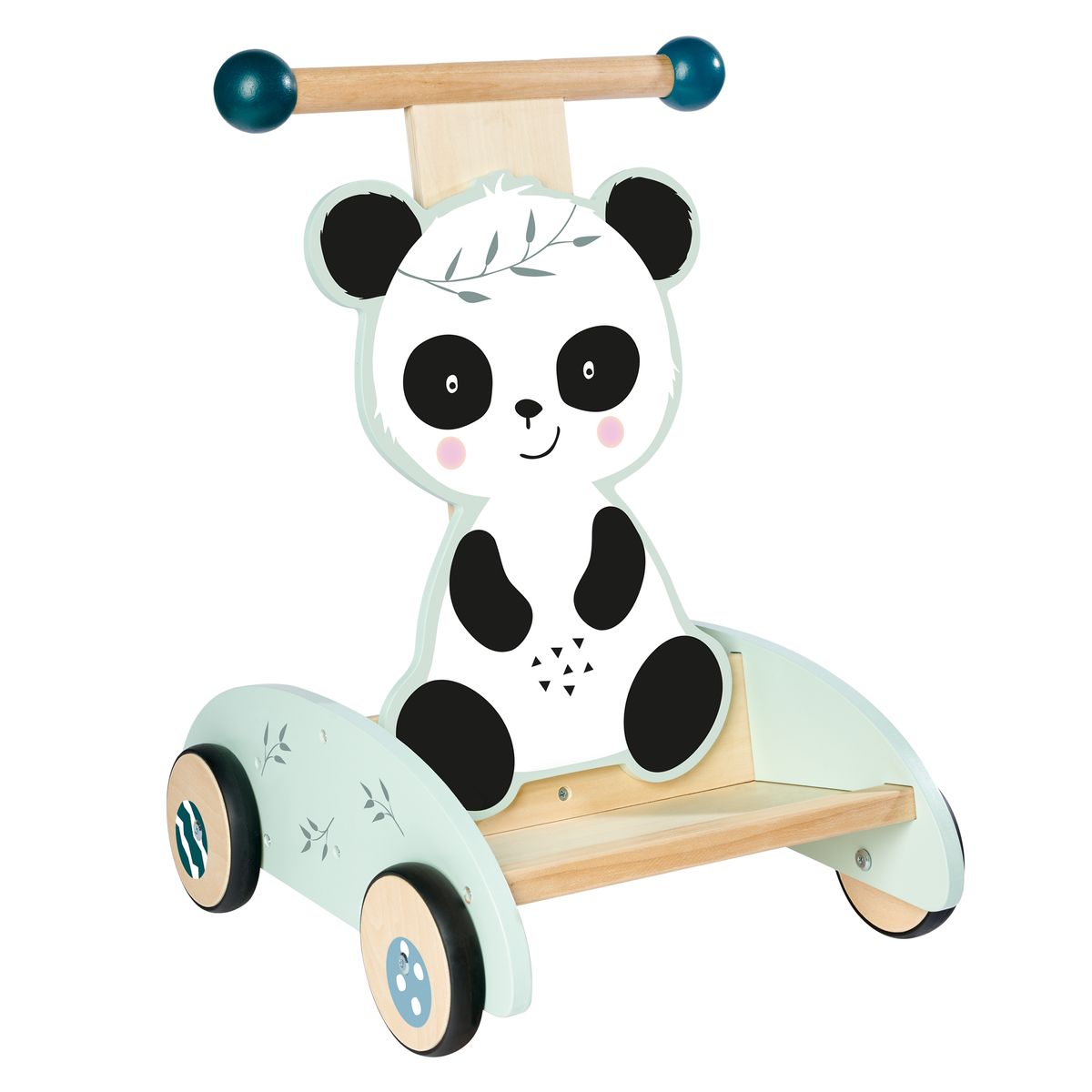 Gåvogn i tre med gummihjul, panda-design forfra