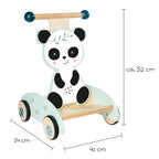 Gåvogn i tre med gummihjul, panda-design med oppbevaringsflate